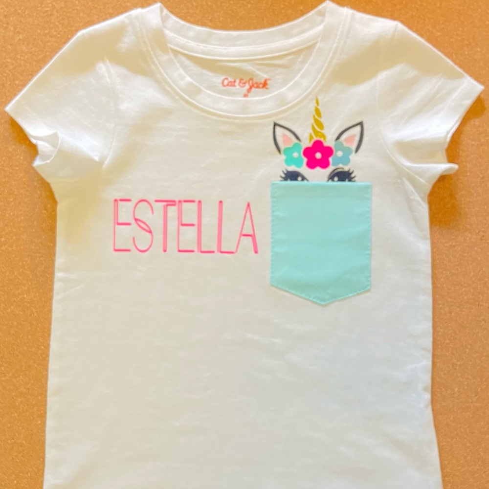NWT CUSTOM NAME “Unicorn In A Pocket” Toddler White Short Sleeve T-shirt